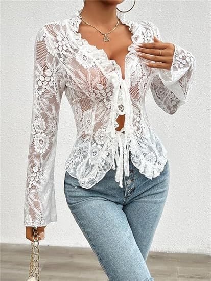 Sheer Lace Tie-Front Cardigan with Ruffle Trim
