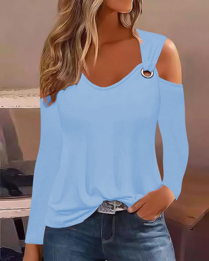 Printed Cold Shoulder Top with V-Neck and Metal Ring