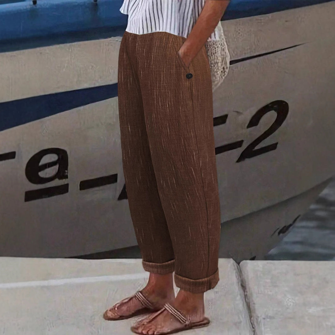 Linen-Look Straight-Leg Trousers with Pockets