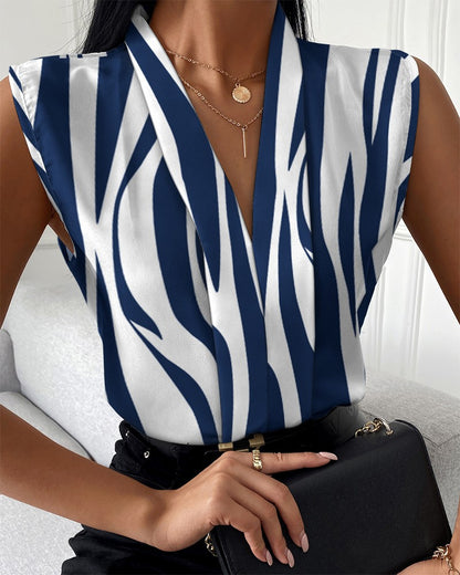 Abstract Print Sleeveless Blouse with V-Neck