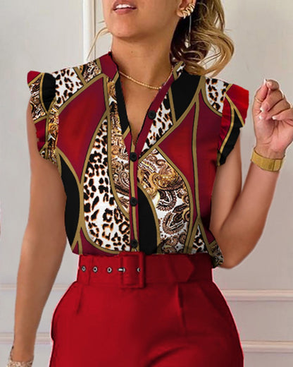 Printed V-Neck Button-Front Blouse with Petal Sleeves