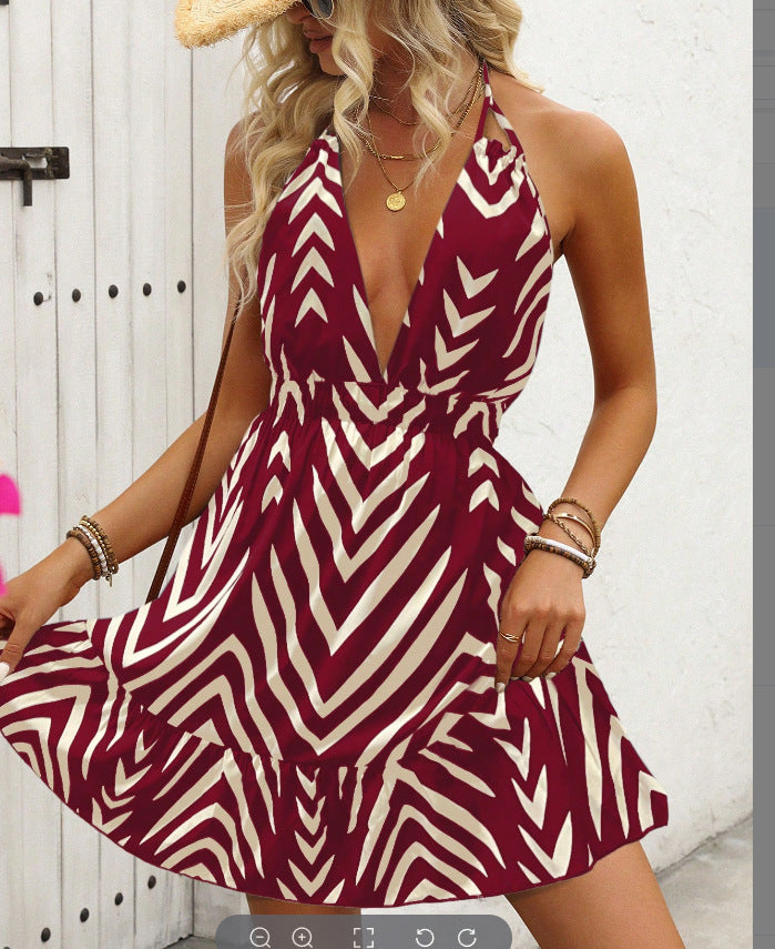 Geometric Print Halter Mini Dress with Deep V-Neck