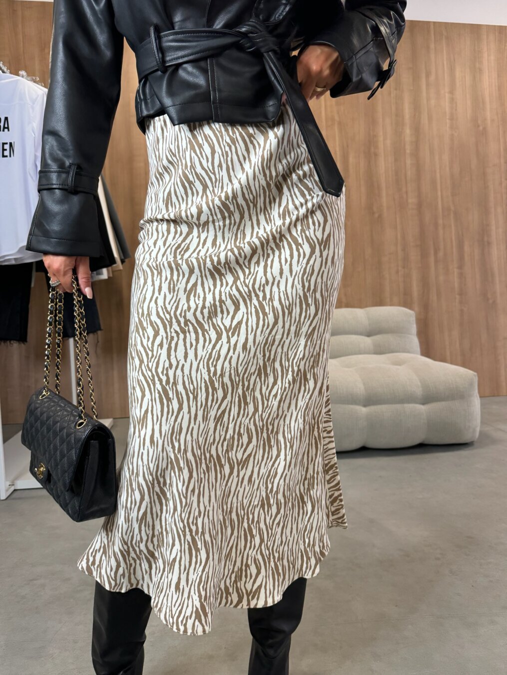 Animal Print Slip Midi Skirt with High Waist