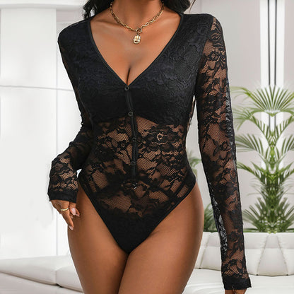 Long Sleeve Lace Bodysuit with V-Neck and Button Front