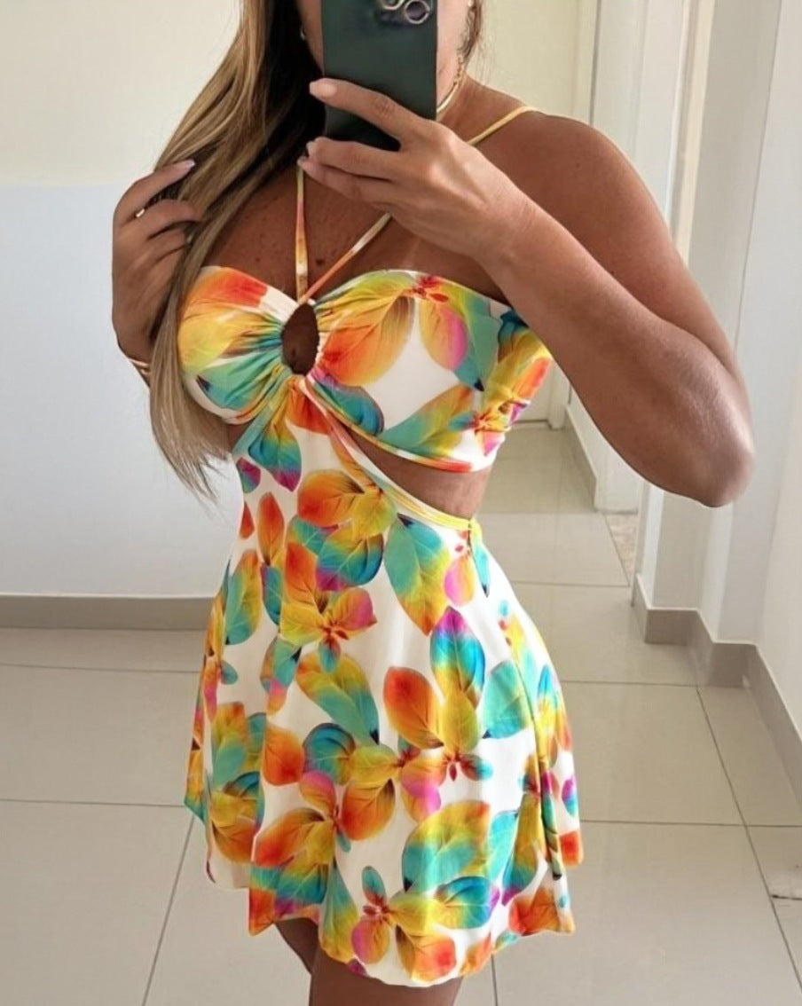 Printed Mini Dress with Halter Neck and Cut-out Waist