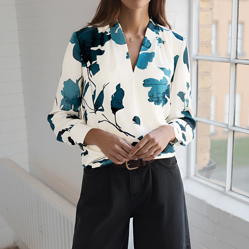 Artistic Floral Print Blouse with V-Neck and Lantern Sleeves