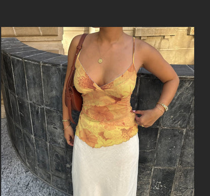 Floral Mesh Camisole with V-Neck and Tiered Ruffles