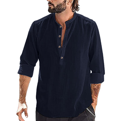 Loose Fit Cotton Blend Henley Shirt with Mandarin Collar