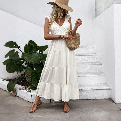 A-Line Maxi Dress with V-Neck and Tiered Skirt