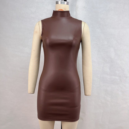 Sleeveless PU Leather Bodycon Mini Dress with High Collar
