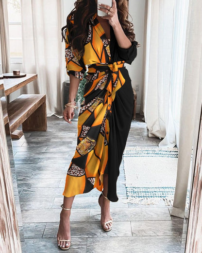 Striped Long Sleeve Midi Dress with V-Neck and Tie-Waist