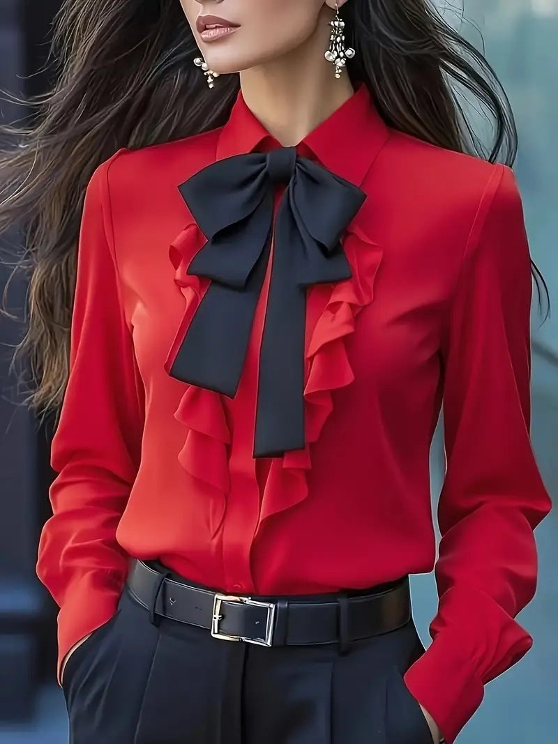 Solid Long Sleeve Blouse with Ruffle Front and Bow Tie