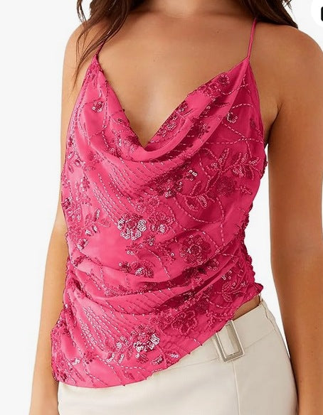 Sequined Cowl Neck Cami with Floral Embroidery