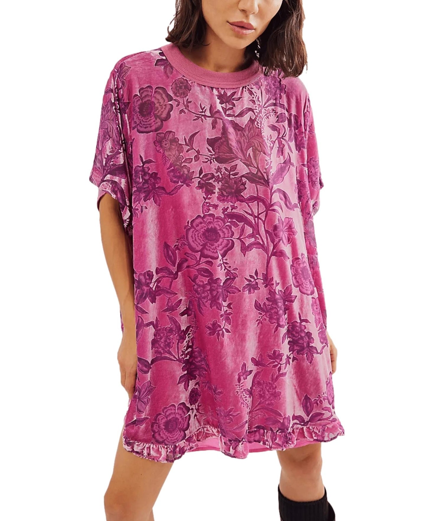 Floral Velvet Mini Dress with Crewneck and Ruffle Hem