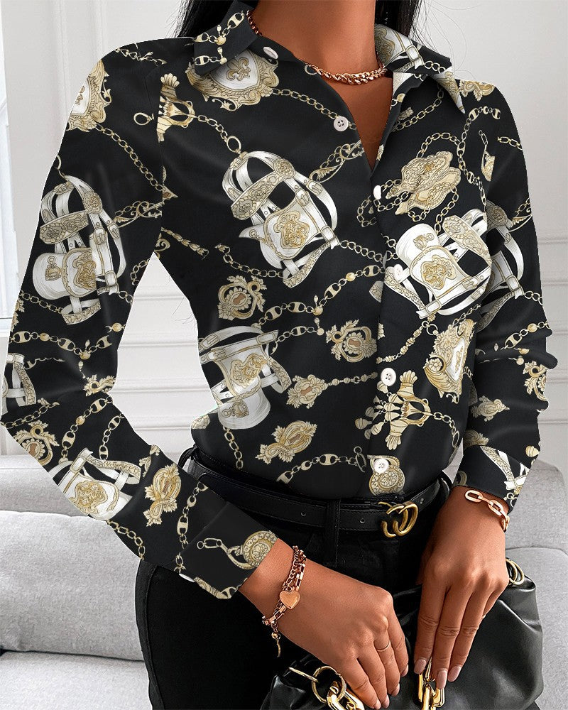 Scarf Print Long Sleeve Button-Down Shirt with Lapel