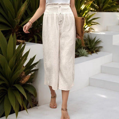 Crinkled Wide-Leg Cropped Pants with High Shirred Waist