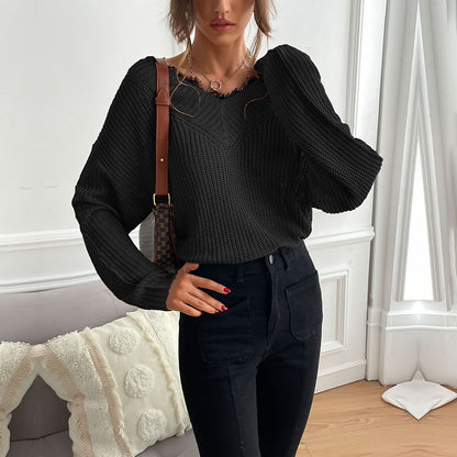 Loose Knit Pullover with V-Neck and Lace Trim