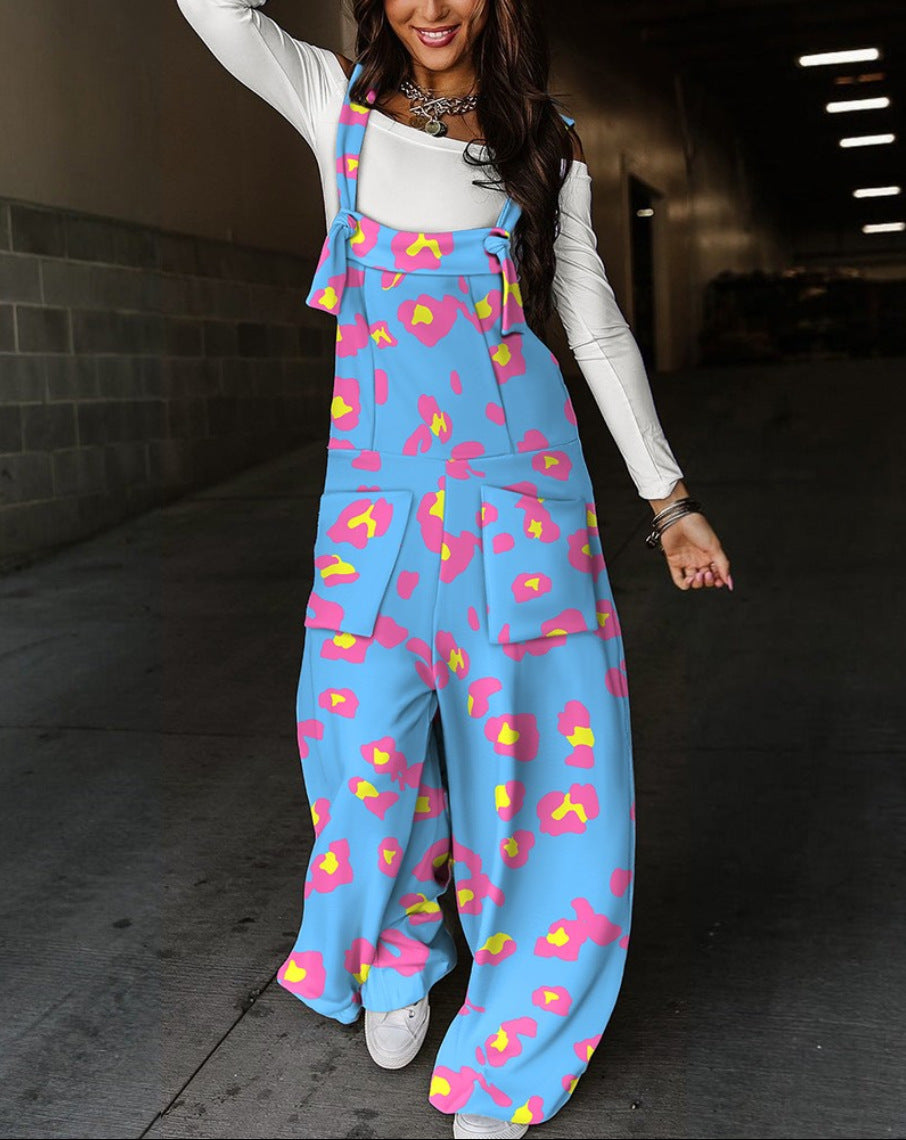 Printed Wide-Leg Dungarees with Tie Straps