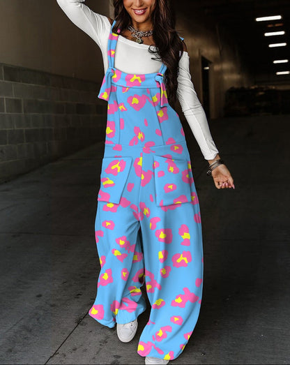Printed Wide-Leg Dungarees with Tie Straps