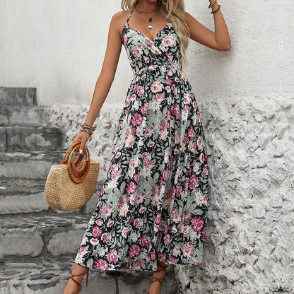 Floral Print A-Line Dress with V-Neck and High-Low Hem