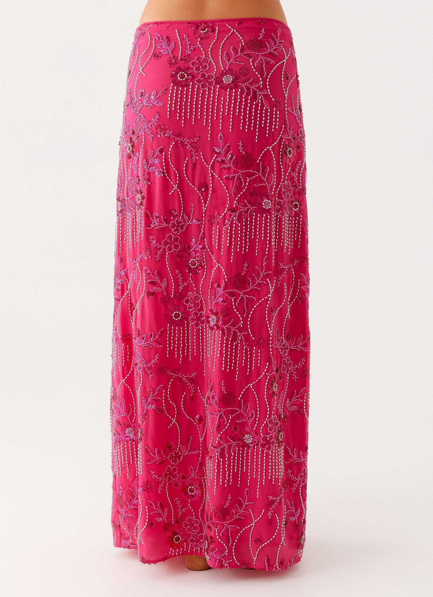 Beaded Floral Straight Maxi Skirt with Irregular Hem