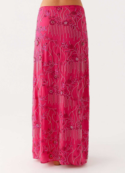 Beaded Floral Straight Maxi Skirt with Irregular Hem