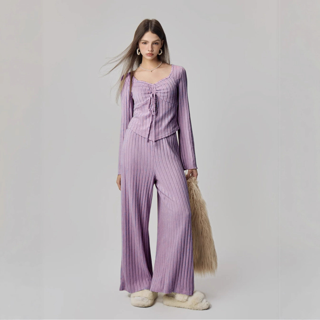 Ribbed Knit Two-Piece Set with Tie-Front Top and Wide-Leg Pants