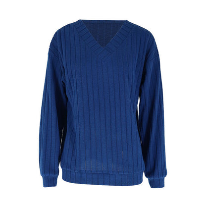 Solid Ribbed Knit Pullover with V-Neck and Long Sleeves