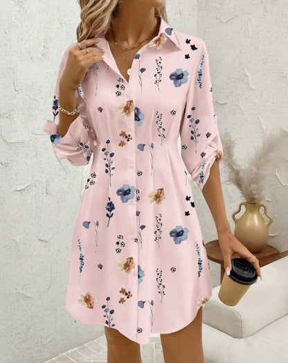 Floral Print Mini Shirt Dress with Lapel Collar & Roll-Tab Sleeves