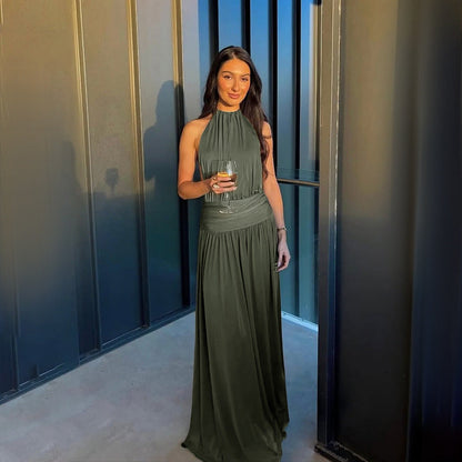 Backless Halter Neck Long Dress Solid Color High-Waisted Design