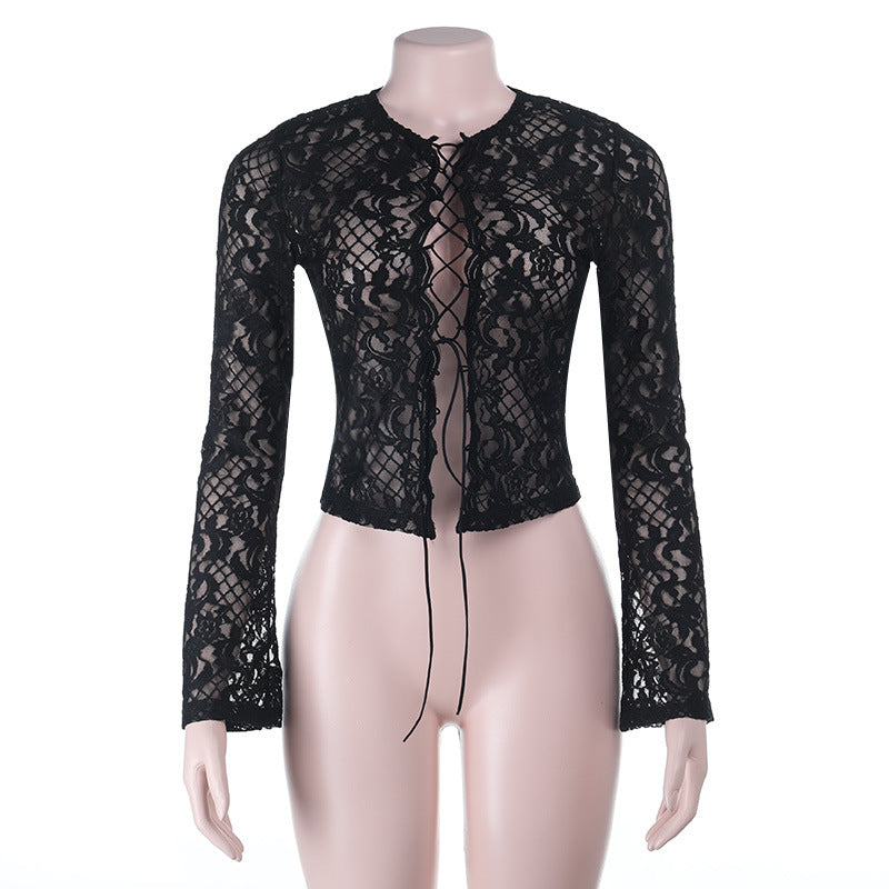 Lace-Up Long-Sleeve Top in Sheer Floral Lace
