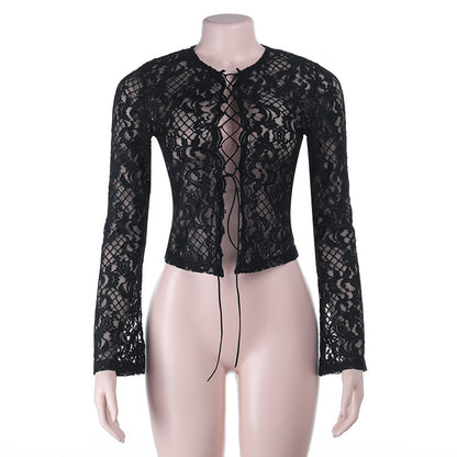 Lace-Up Long-Sleeve Top in Sheer Floral Lace