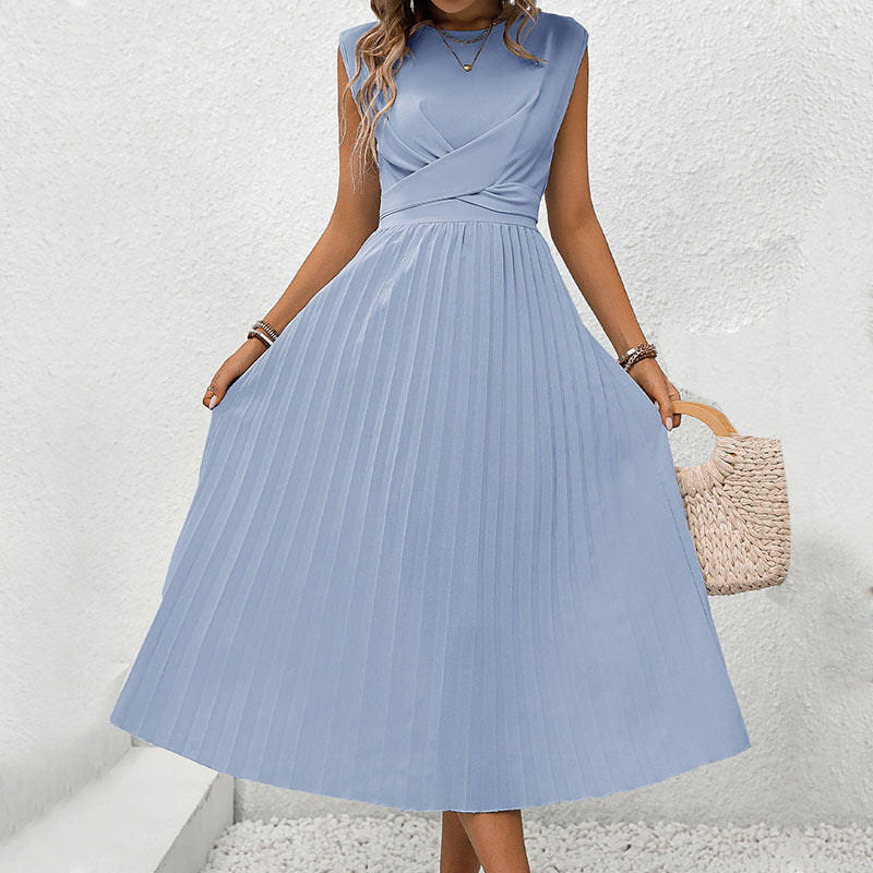 Sleeveless Midi Dress with Pleated Skirt and Wrap Bodice