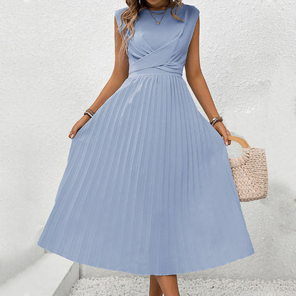 Sleeveless Midi Dress with Pleated Skirt and Wrap Bodice