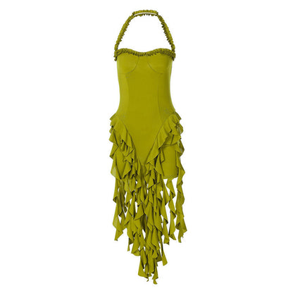 Bodycon Mini Dress with Halter Neck and Tassel Hem