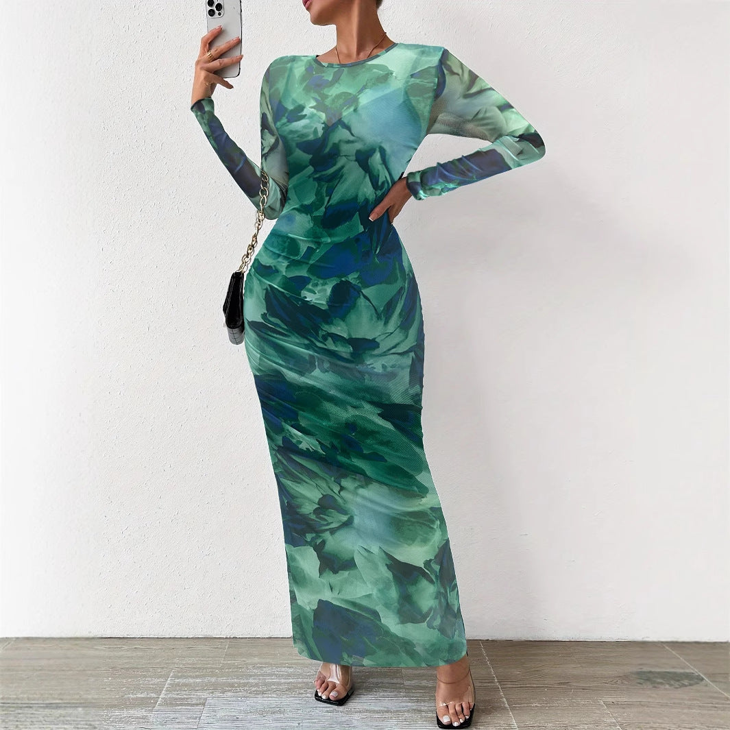 Sheer Mesh Bodycon Maxi Dress with Abstract Print