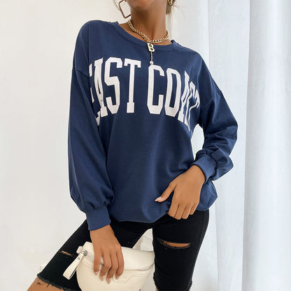 Loose Letter Print Sweatshirt with Round Neck