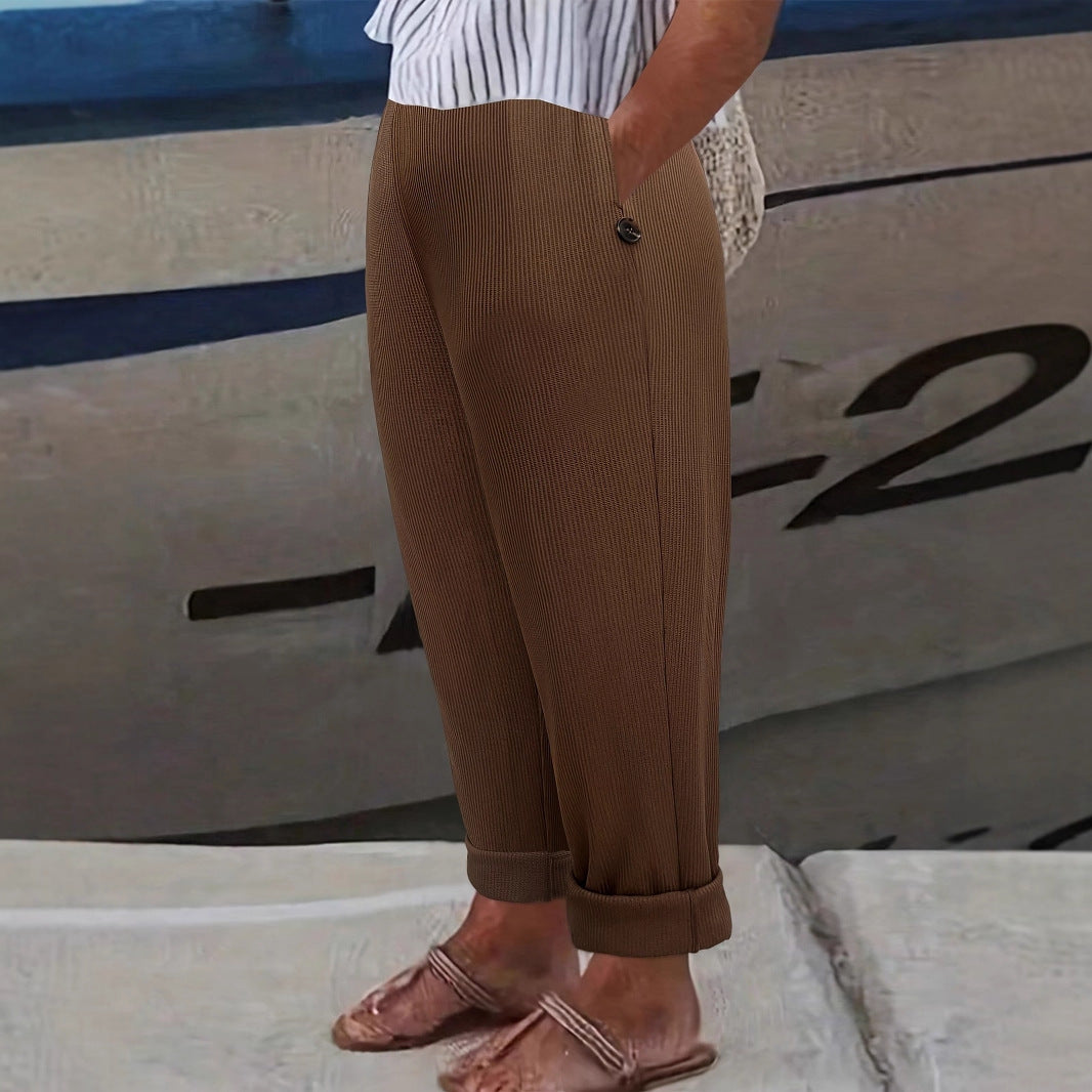 Ribbed Knit Straight Trousers with High Elastic Waist
