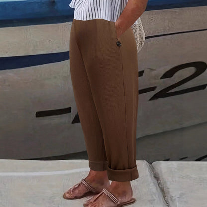 Ribbed Knit Straight Trousers with High Elastic Waist