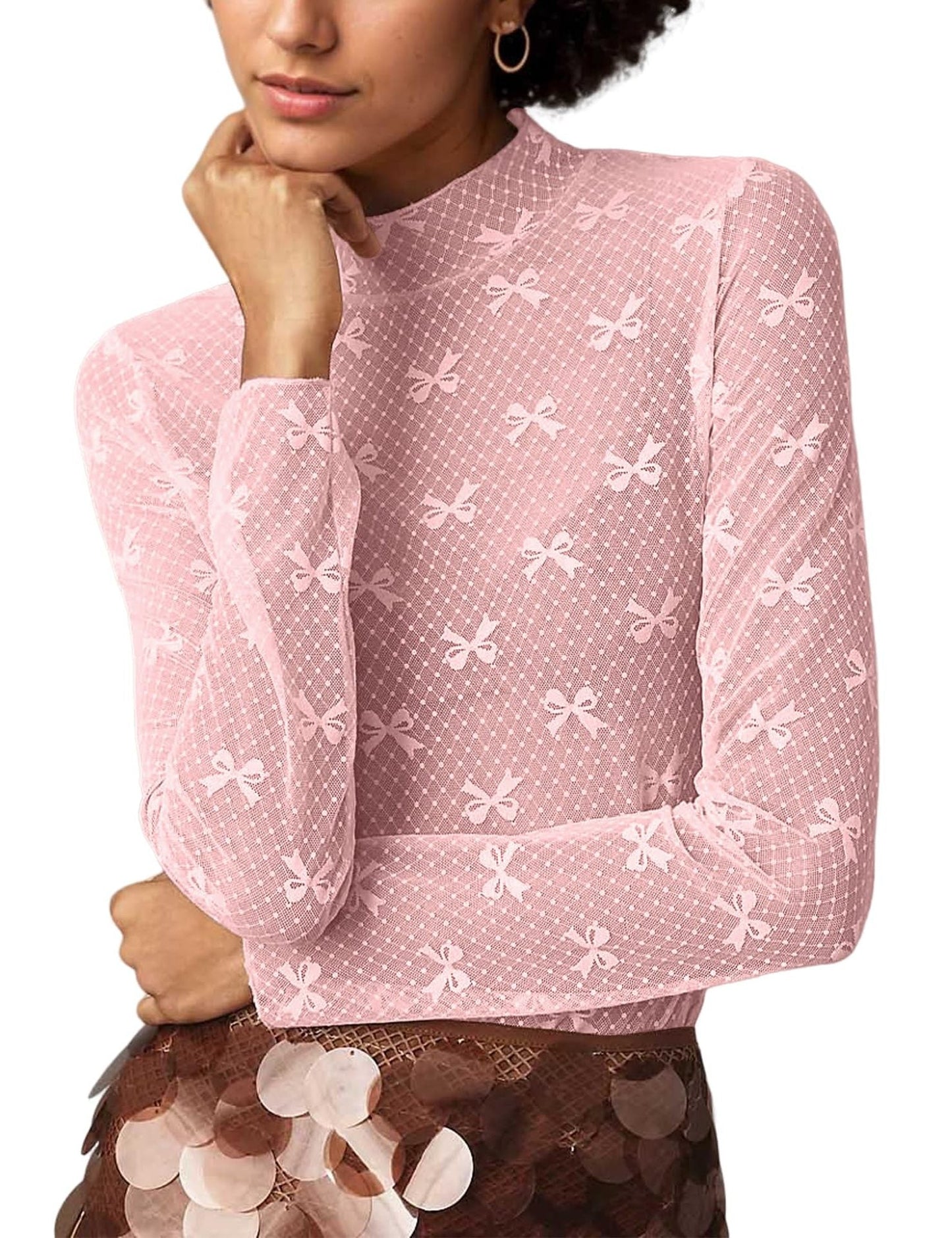 Bow Print Mesh Top with Long Sleeves and Mock Neck