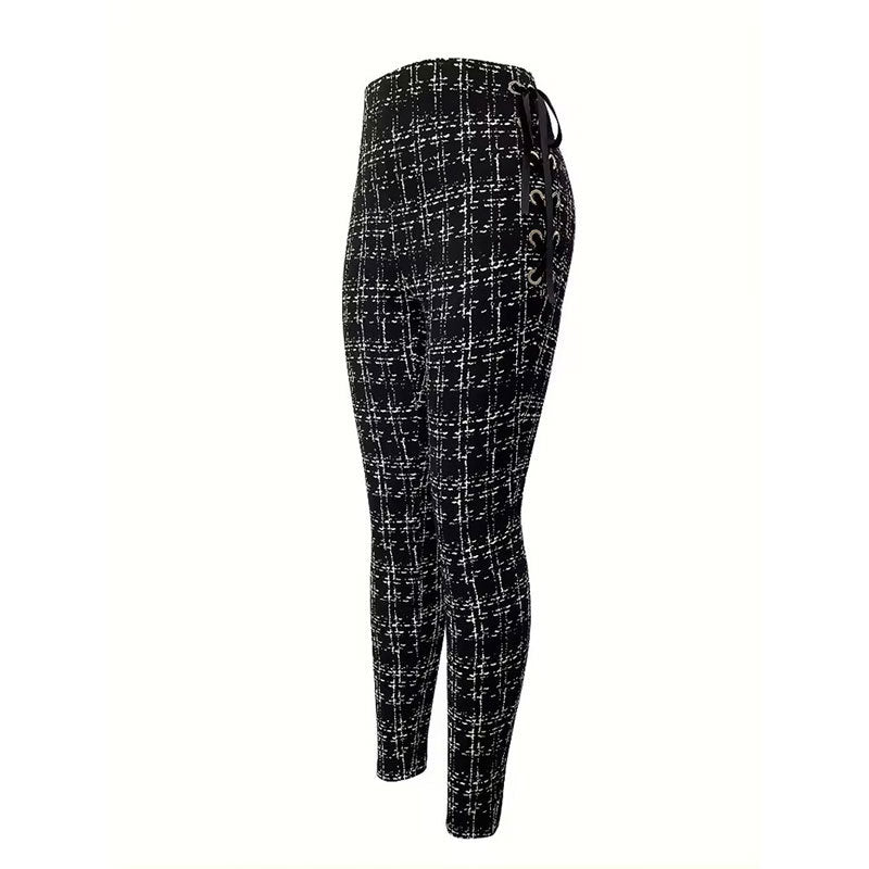 Slim Tweed-Print Pants with High-Waist and Side Lace-Up