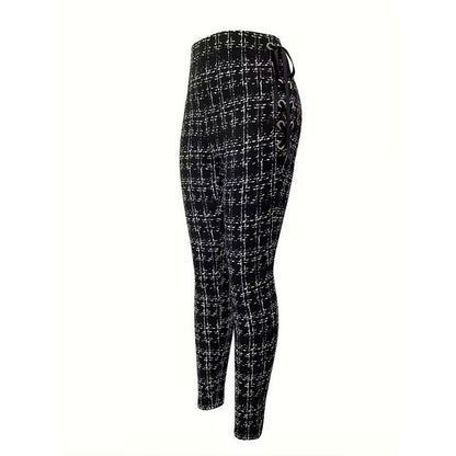 Slim Tweed-Print Pants with High-Waist and Side Lace-Up
