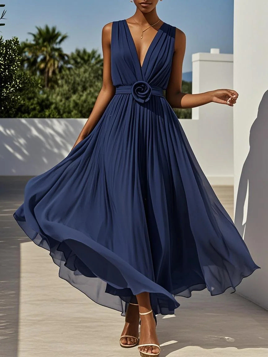 Pleated A-Line Maxi Dress with Deep V-Neck and Sleeveless