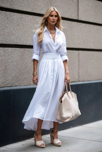 A-Line Shirt Dress with V-Neck and Cinched Waist