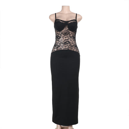 Bodycon Maxi Dress with Lace Bodice and Spaghetti Straps