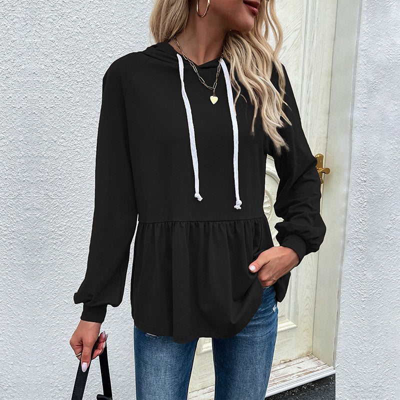 Solid Peplum Hoodie with Ruffle Hem and Drawstring