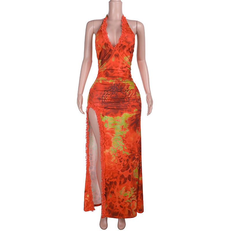 Animal Print Bodycon Maxi Dress with Halter Neck and High Slit