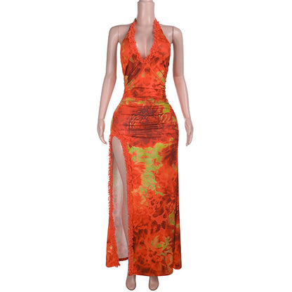 Animal Print Bodycon Maxi Dress with Halter Neck and High Slit