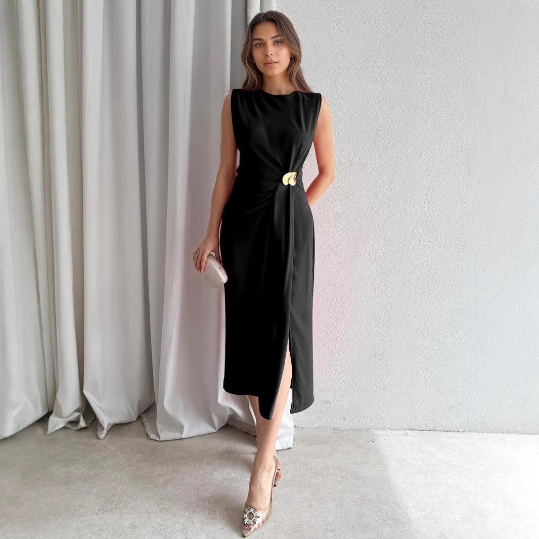 Sleeveless Solid Midi Dress with Draped Waist and Slit