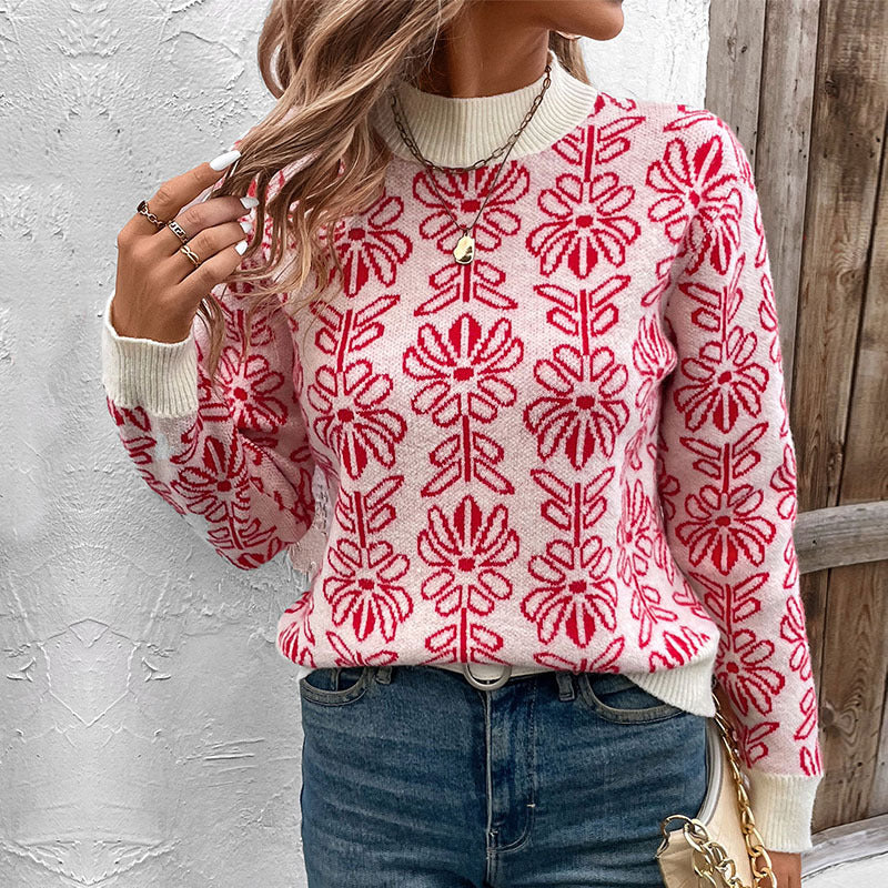 Loose Floral Jacquard Knit Pullover with Half-Turtleneck